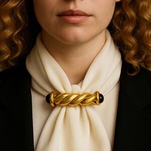 MCM ROPE TWISTED BRASS/BRONZE BASE BROOCH BLK CARBUNCLES @ EACH END RETRO LUXURY